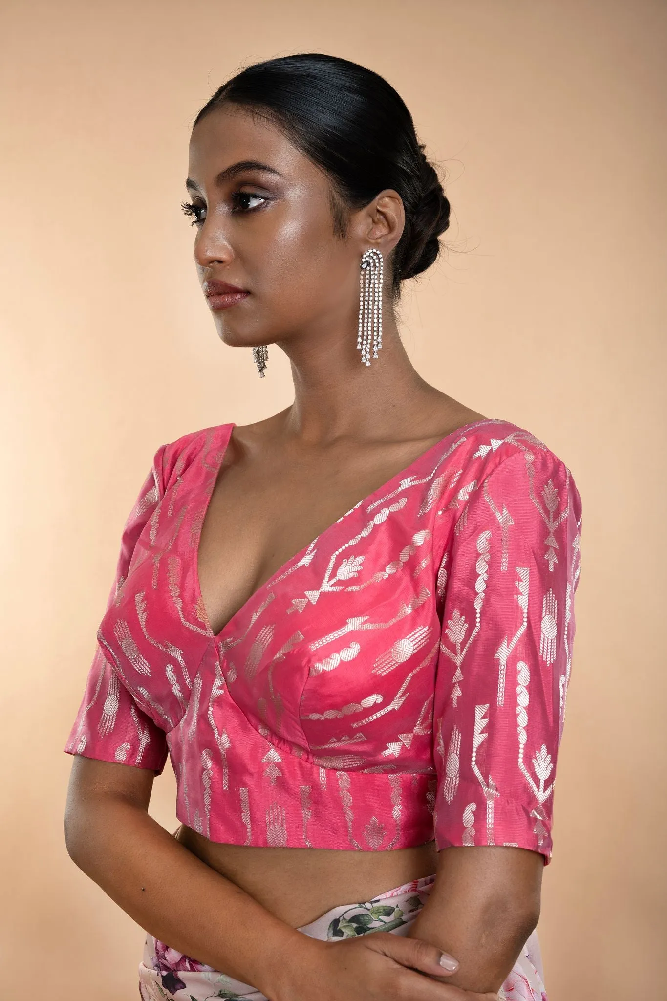 Pink Brocade Blouse with Deep V Neckline and Elbow Length Sleeves