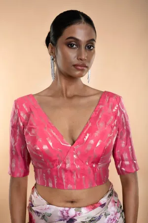 Pink Brocade Blouse with Deep V Neckline and Elbow Length Sleeves