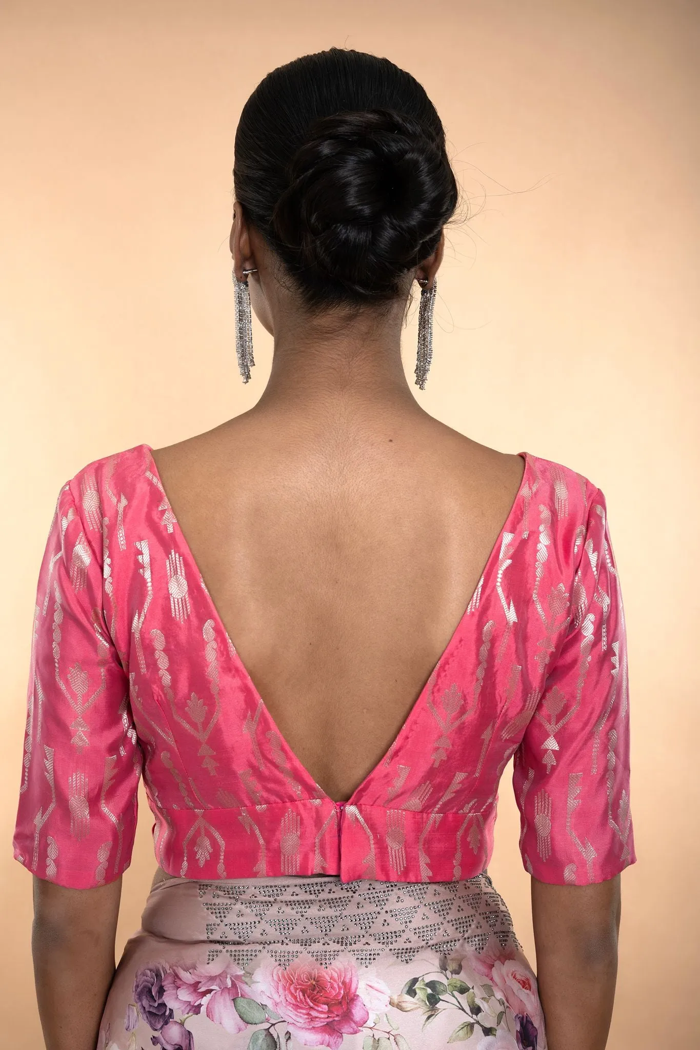 Pink Brocade Blouse with Deep V Neckline and Elbow Length Sleeves