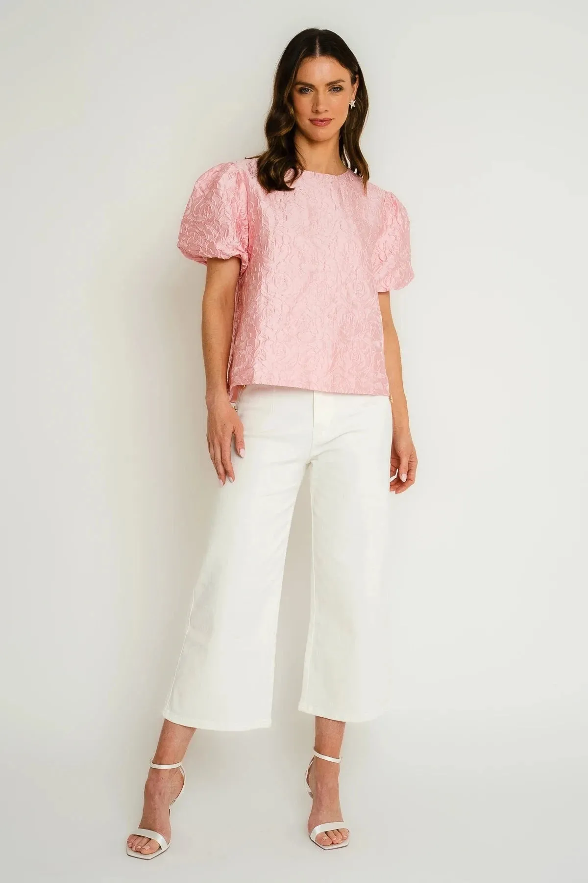 Pink Jacquard Top with Puff Short Sleeves