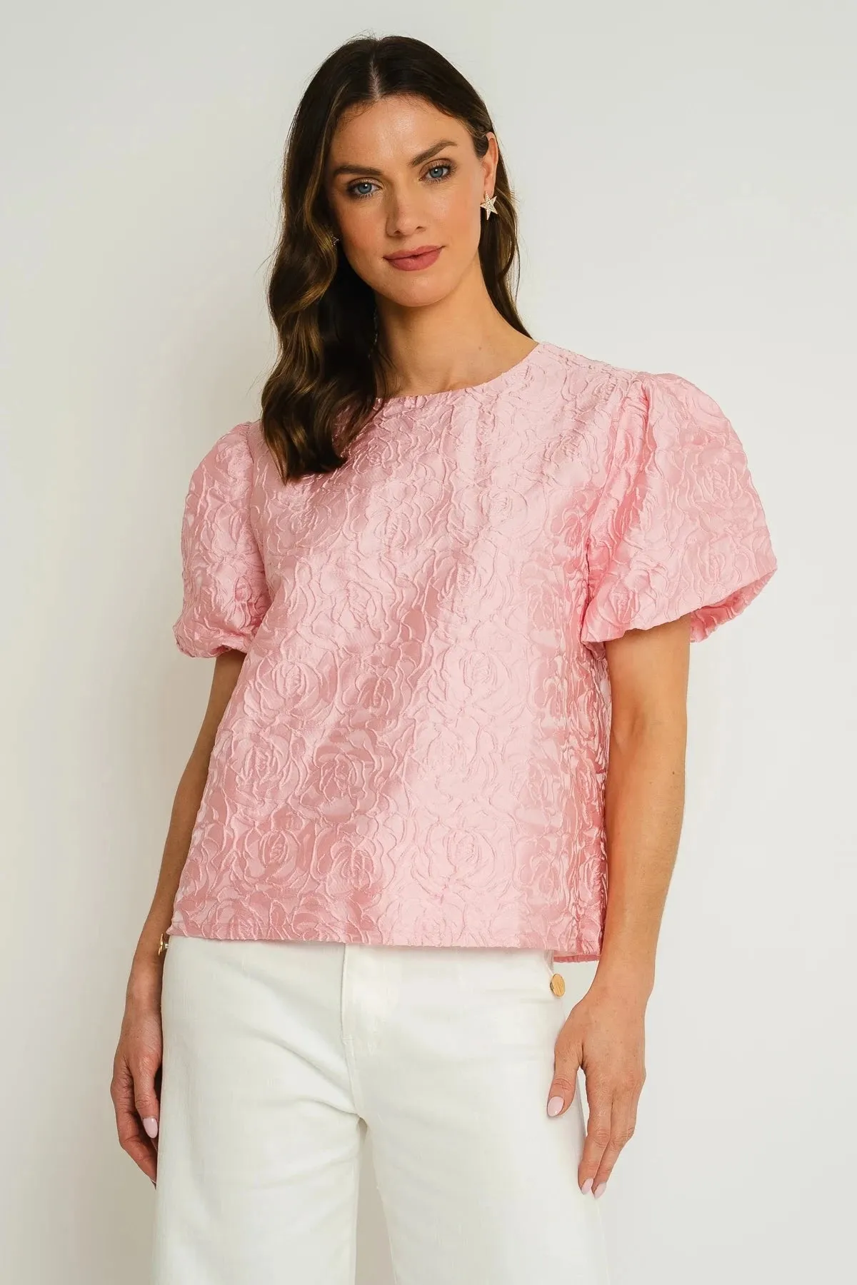 Pink Jacquard Top with Puff Short Sleeves