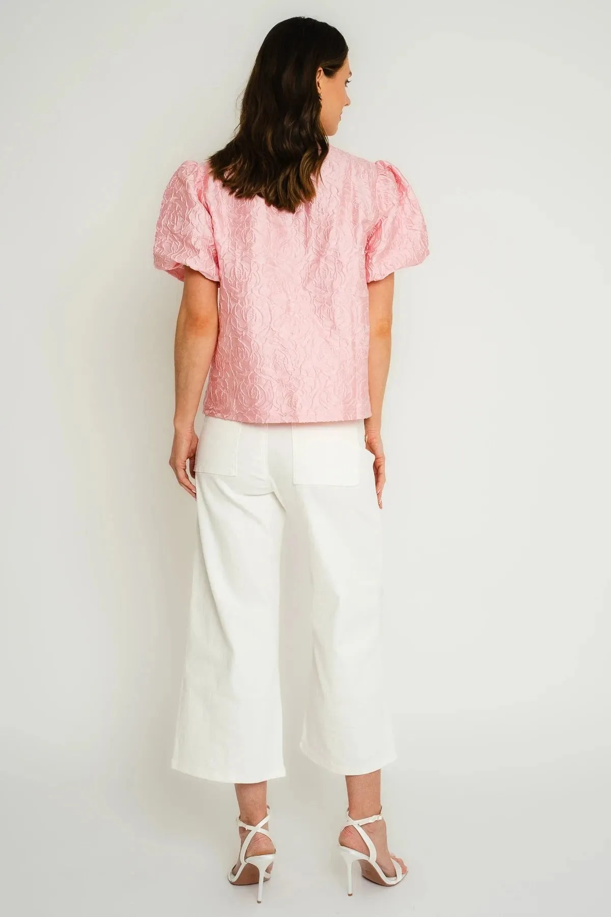 Pink Jacquard Top with Puff Short Sleeves