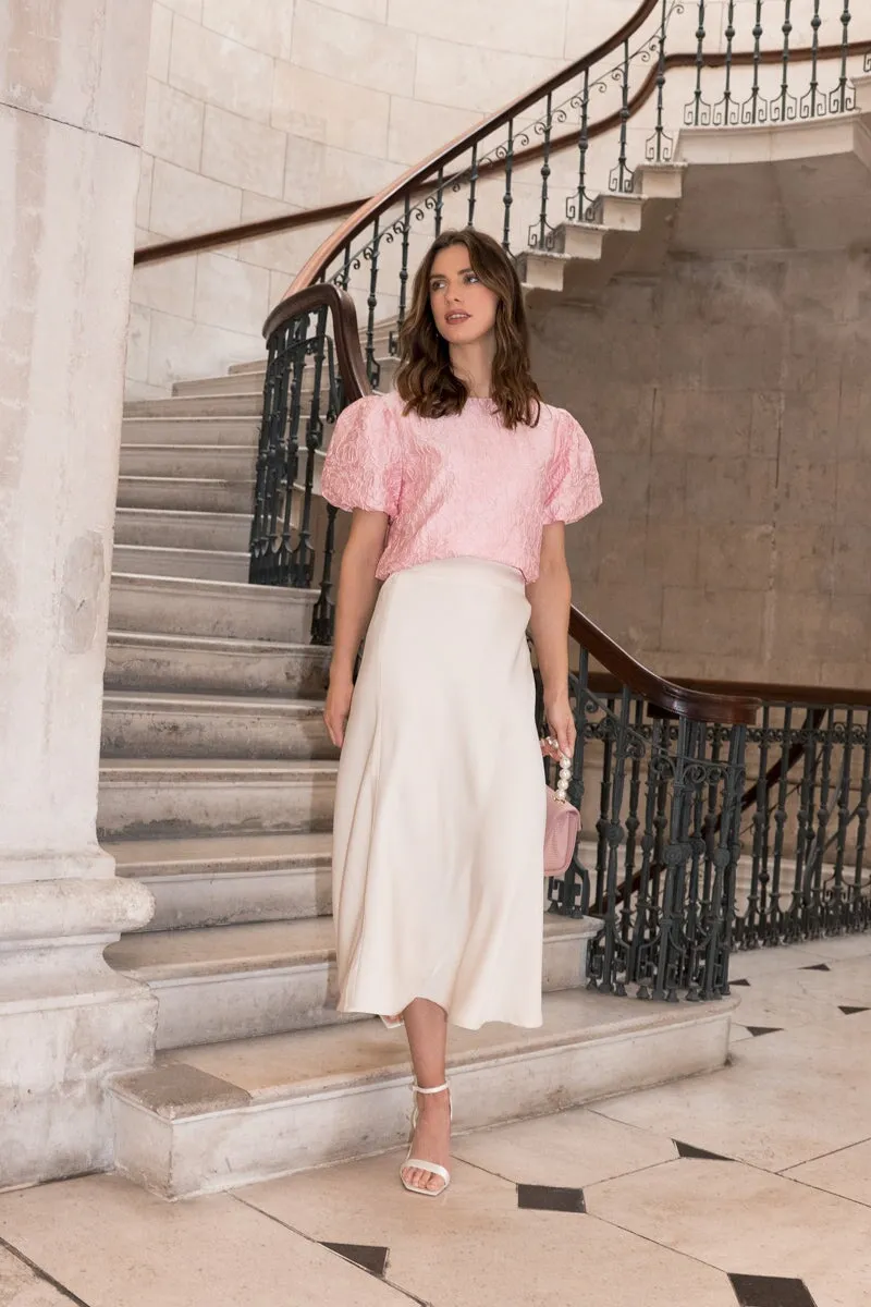 Pink Jacquard Top with Puff Short Sleeves