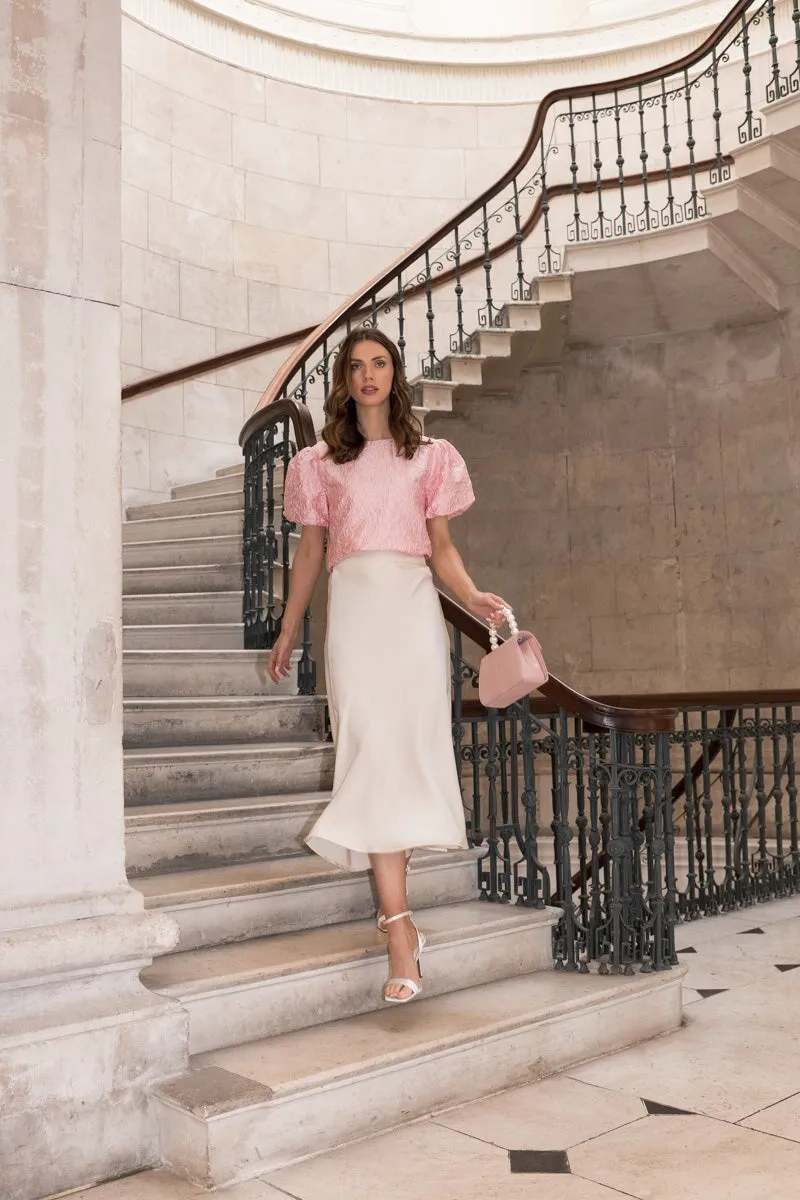 Pink Jacquard Top with Puff Short Sleeves