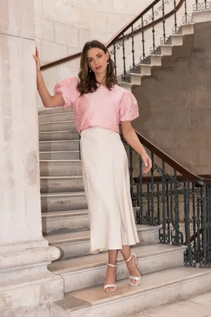 Pink Jacquard Top with Puff Short Sleeves