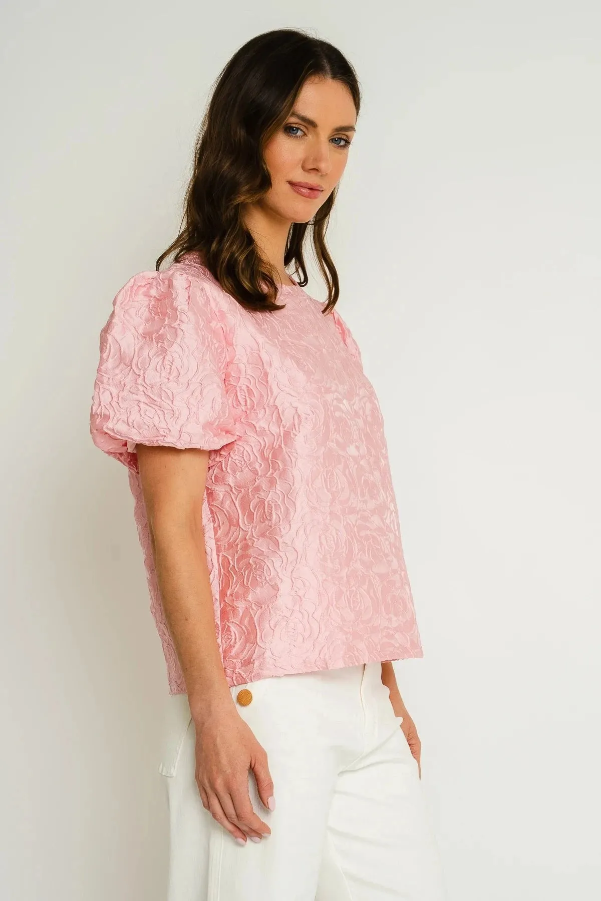 Pink Jacquard Top with Puff Short Sleeves