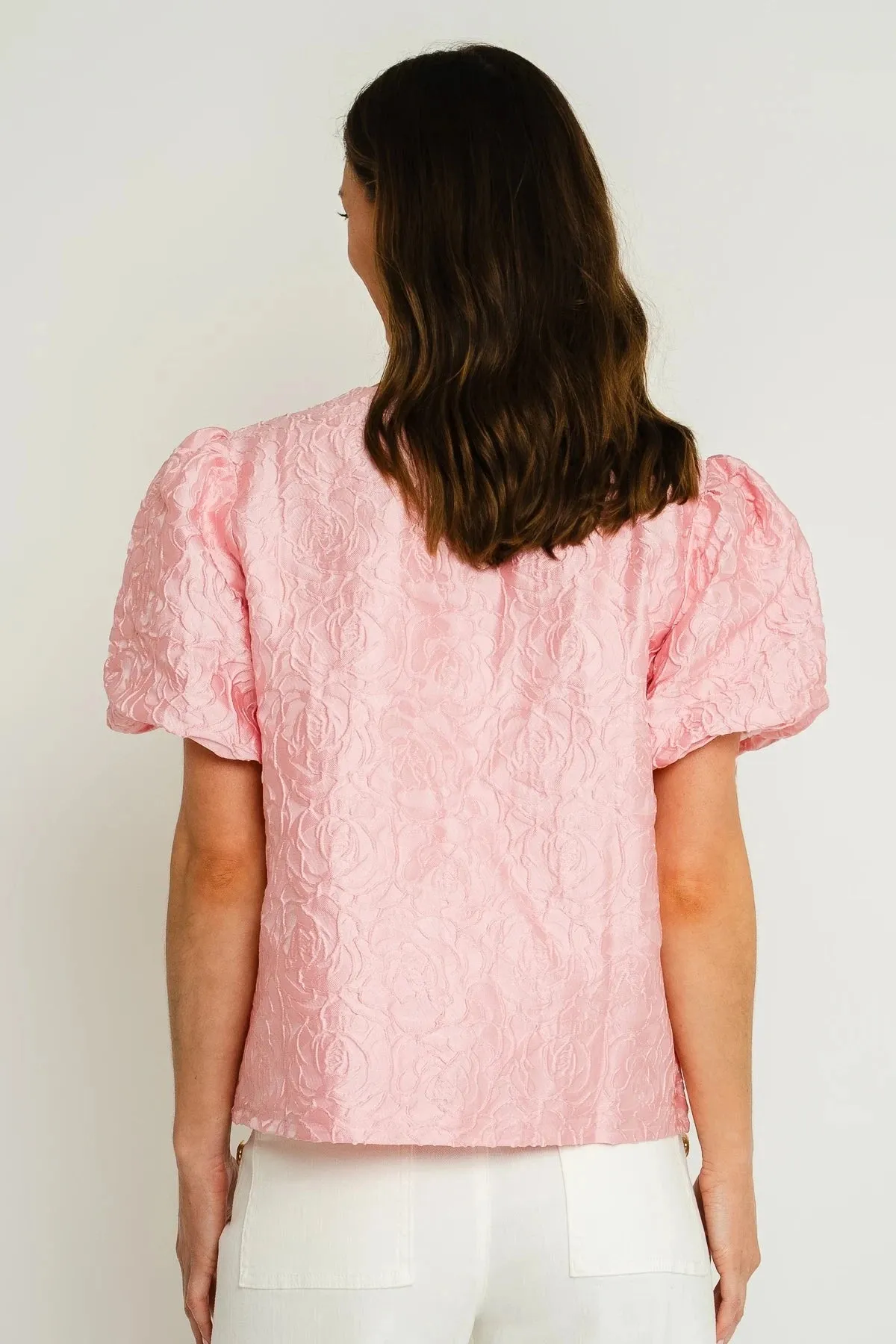 Pink Jacquard Top with Puff Short Sleeves