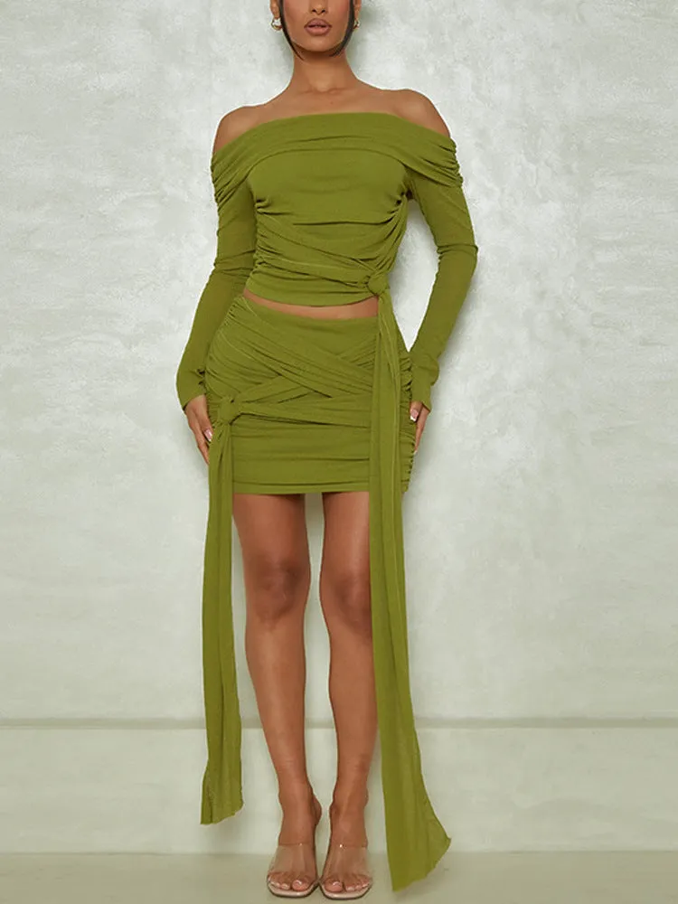 Pleated off shoulder short skirt two-piece suit