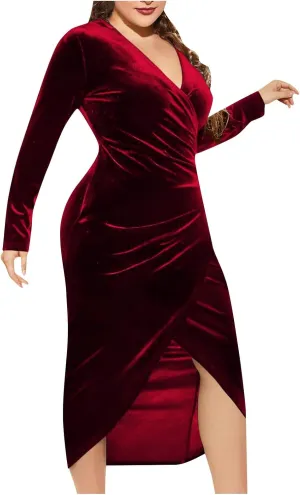 Plus Size Velvet Dress for Women Elegant Formal Fall Winter Long Sleeve Midi Dress Sexy V Neck Bodycon Smocked Dress