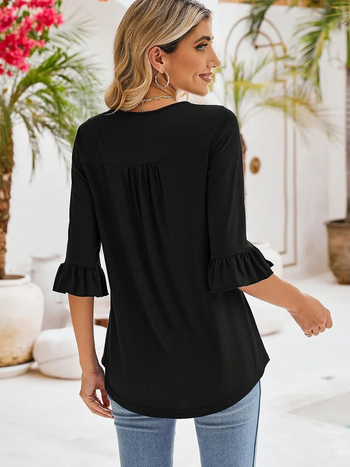 Poetsky Women's Casual 3/4 Sleeve Tops Summer Square Neck T Shirts Ruffle Loose Fit Tunic Blouses