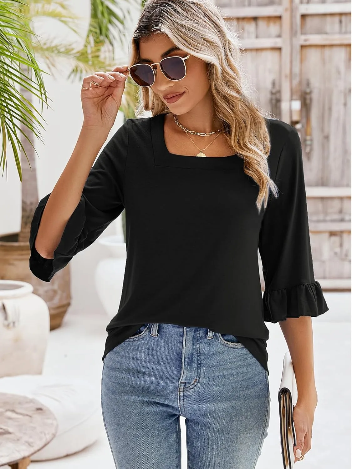 Poetsky Women's Casual 3/4 Sleeve Tops Summer Square Neck T Shirts Ruffle Loose Fit Tunic Blouses