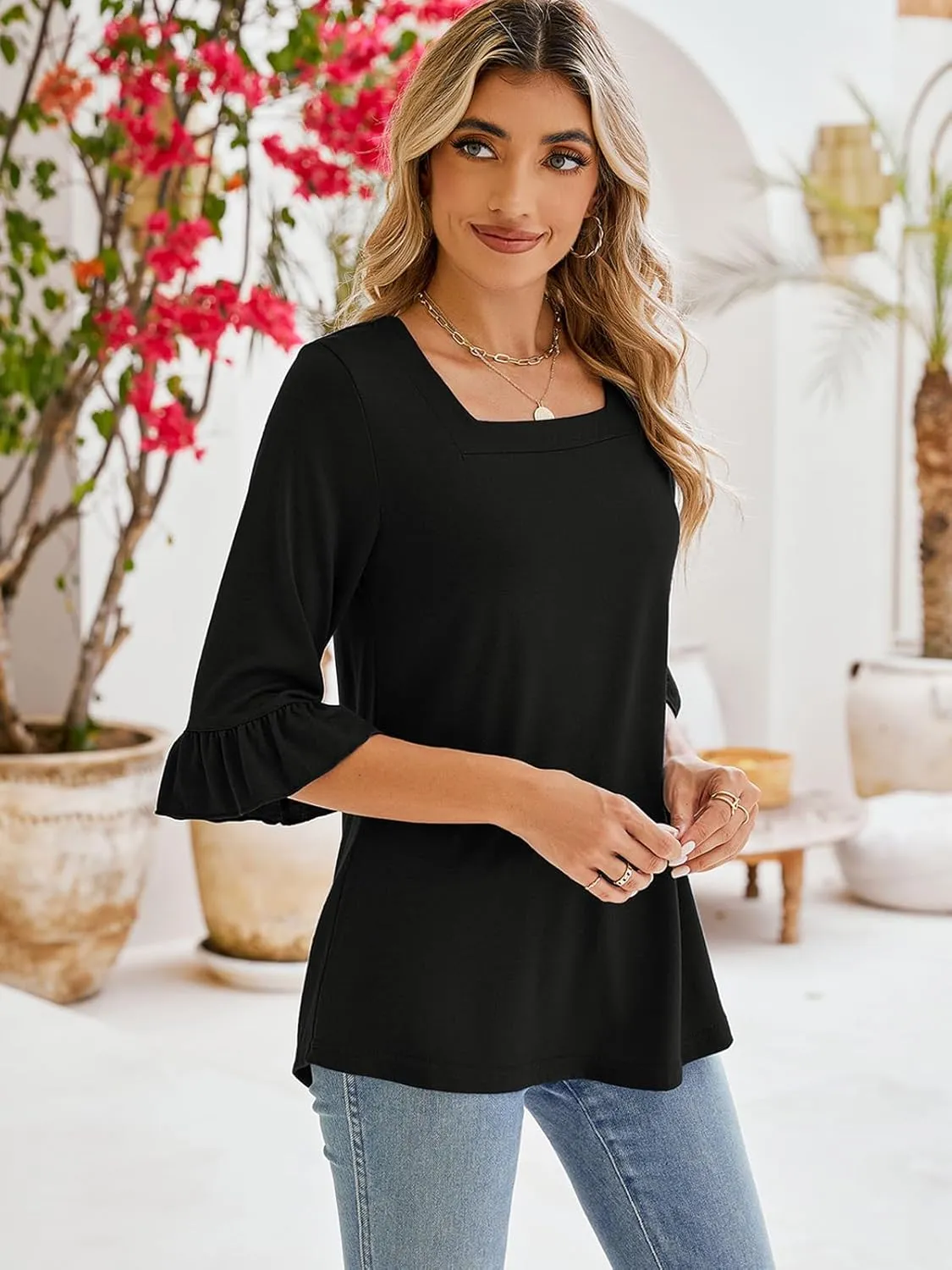 Poetsky Women's Casual 3/4 Sleeve Tops Summer Square Neck T Shirts Ruffle Loose Fit Tunic Blouses