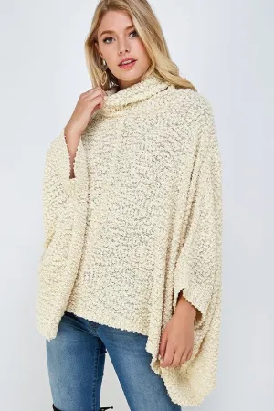 Popcorn Knit, Cotton, Poncho sweater with cowl neck in Ivory