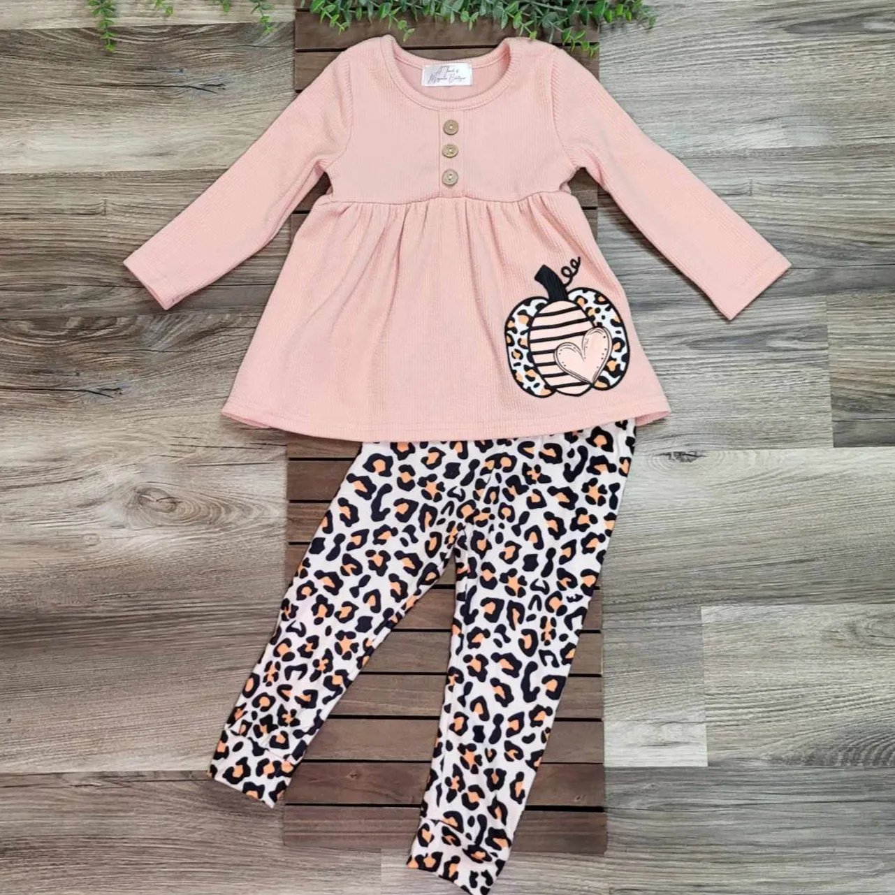 Pumpkin Peplum Waffle Top and Leopard Pants Set