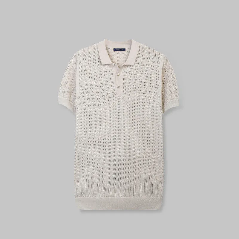 RIBBED KNIT POLO SHIRT- LIGHT BEIGE