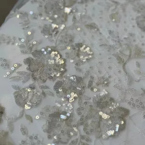 Silver Floral Sequined Lace Fabric