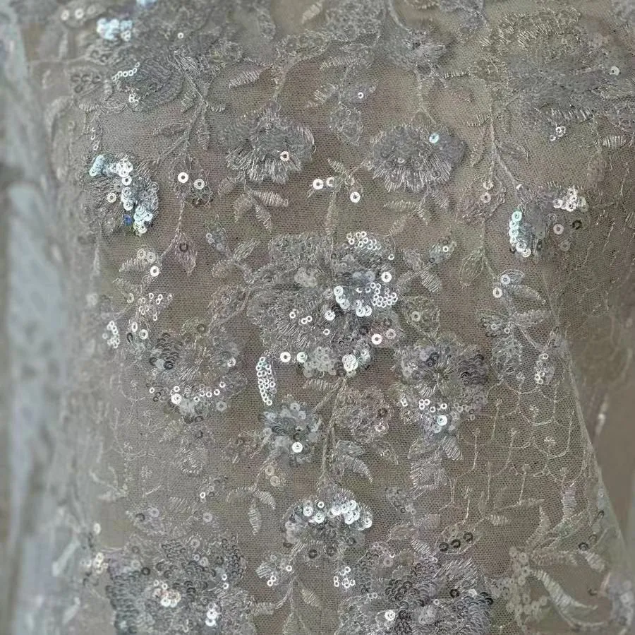 Silver Floral Sequined Lace Fabric