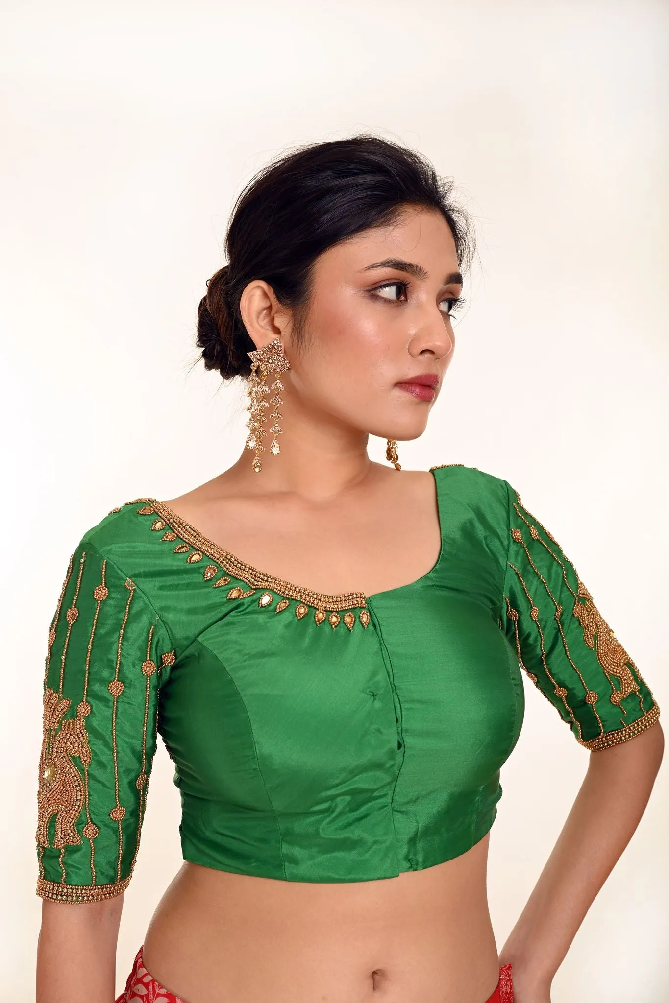 Simple Aari Work Blouse in Green Color Pure Silk Fabric