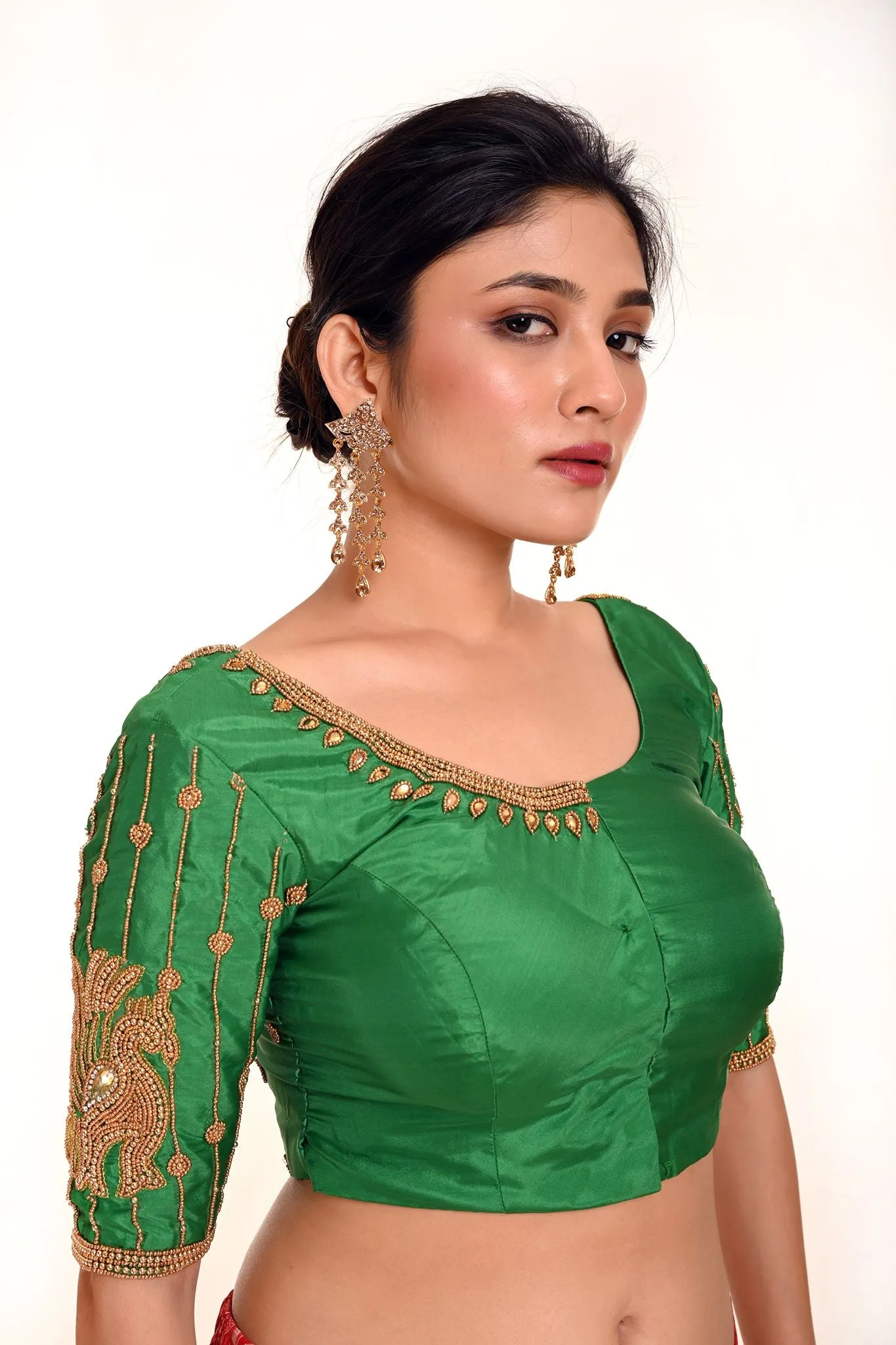 Simple Aari Work Blouse in Green Color Pure Silk Fabric