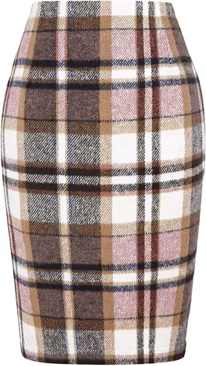 Skirt for Women Pencil Plaid Skirts Fall Winter High Waisted Bodycon Knee Length Wool Midi Skirt