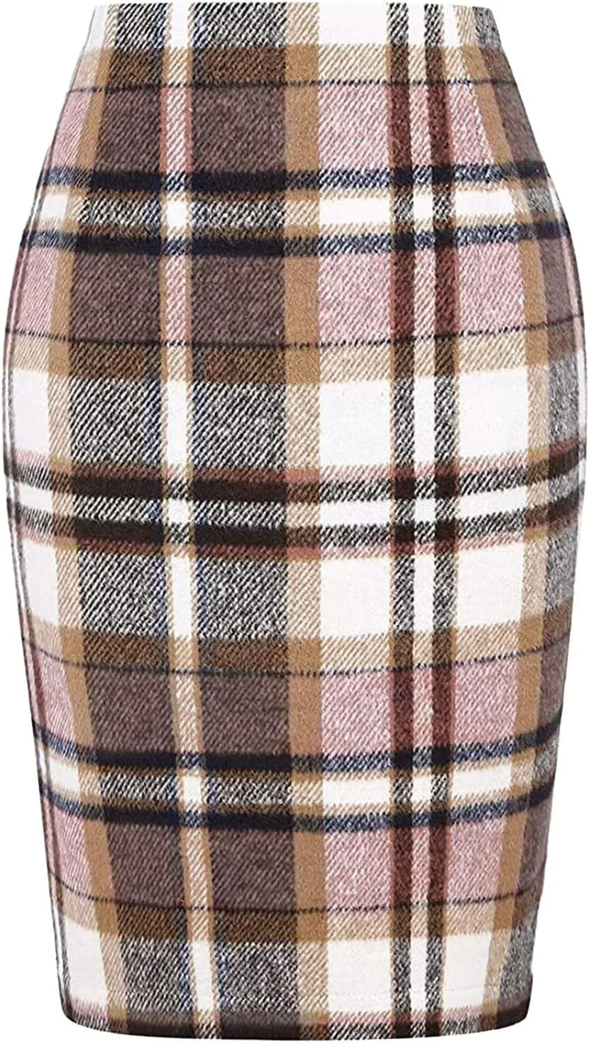 Skirt for Women Pencil Plaid Skirts Fall Winter High Waisted Bodycon Knee Length Wool Midi Skirt