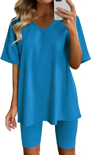 Sport Sets Women 2 Piece Outfits Women Summer Casual Oversized T-Shirt Tops Biker Shorts Workout Sports Tracksuit
