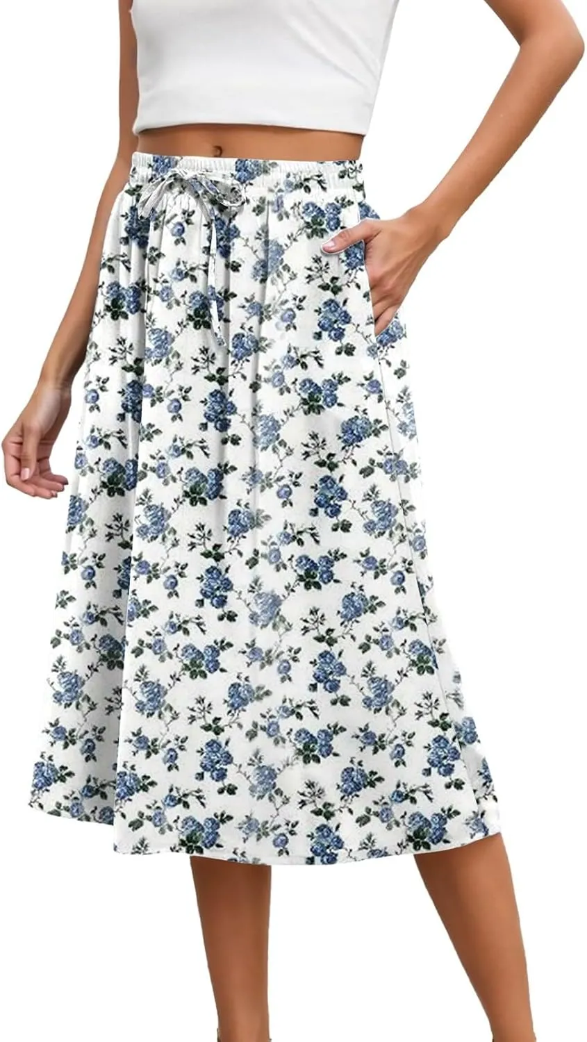 Summer Midi Skirt for Women Elastic Waist Flowy Floral Long Skirts Boho Vacation Beach A-Line Skirts 2025 Fashion