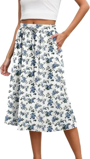 Summer Midi Skirt for Women Elastic Waist Flowy Floral Long Skirts Boho Vacation Beach A-Line Skirts 2025 Fashion