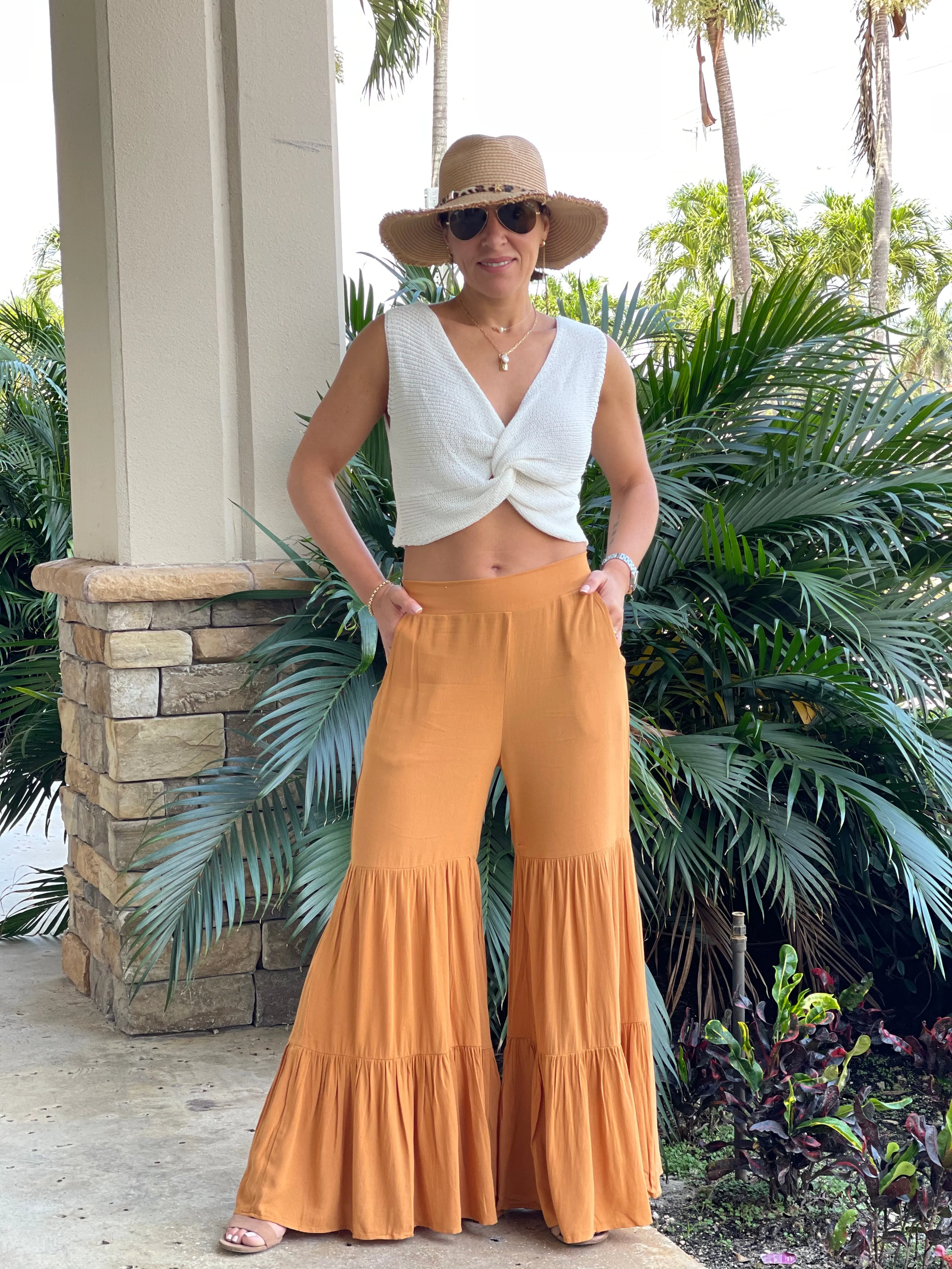 Tiered Ruffle High Waisted Wide Leg Pants