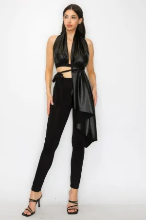 Trendy Women's Faux Leather Top & Pants Set - Chic Outfit