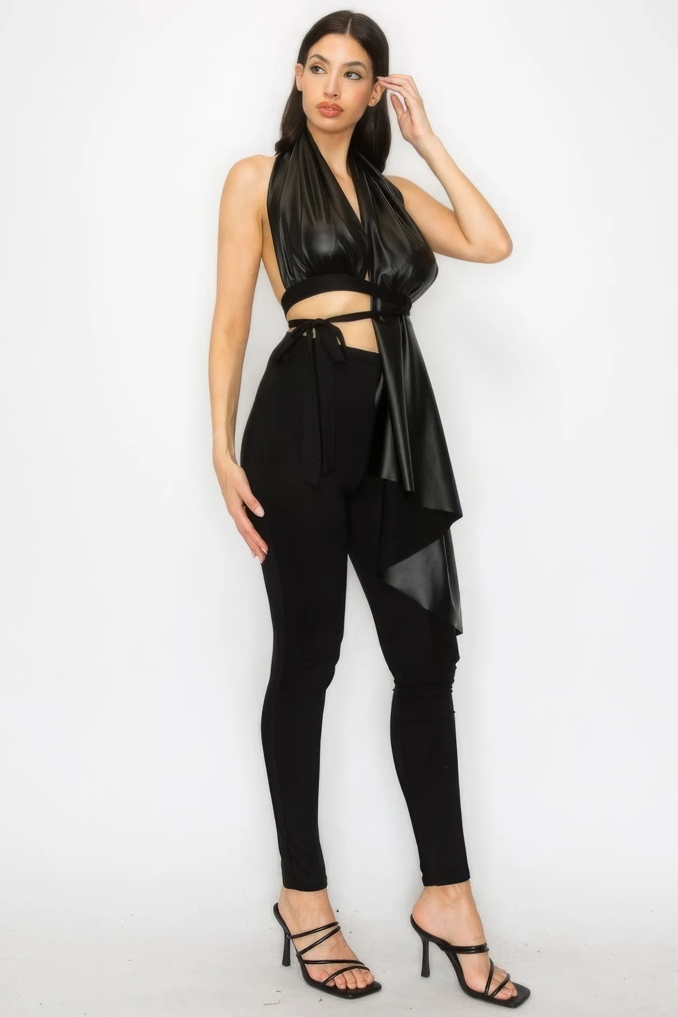 Trendy Women's Faux Leather Top & Pants Set - Chic Outfit