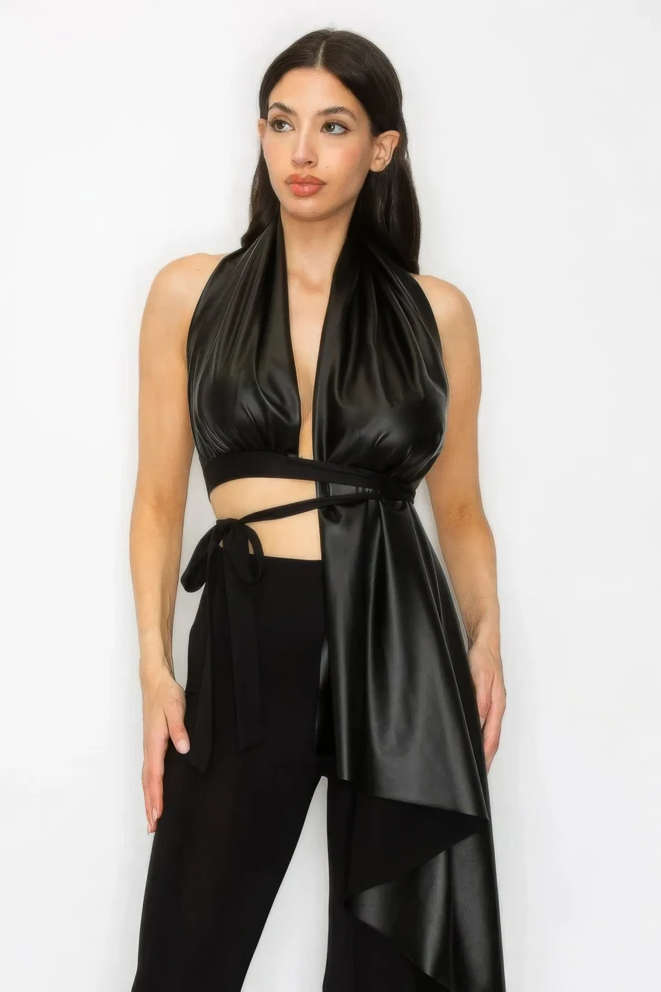 Trendy Women's Faux Leather Top & Pants Set - Chic Outfit
