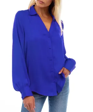 V-Neck Blouse with Open Seam Sleeve - Capri Blue - FINAL SALE