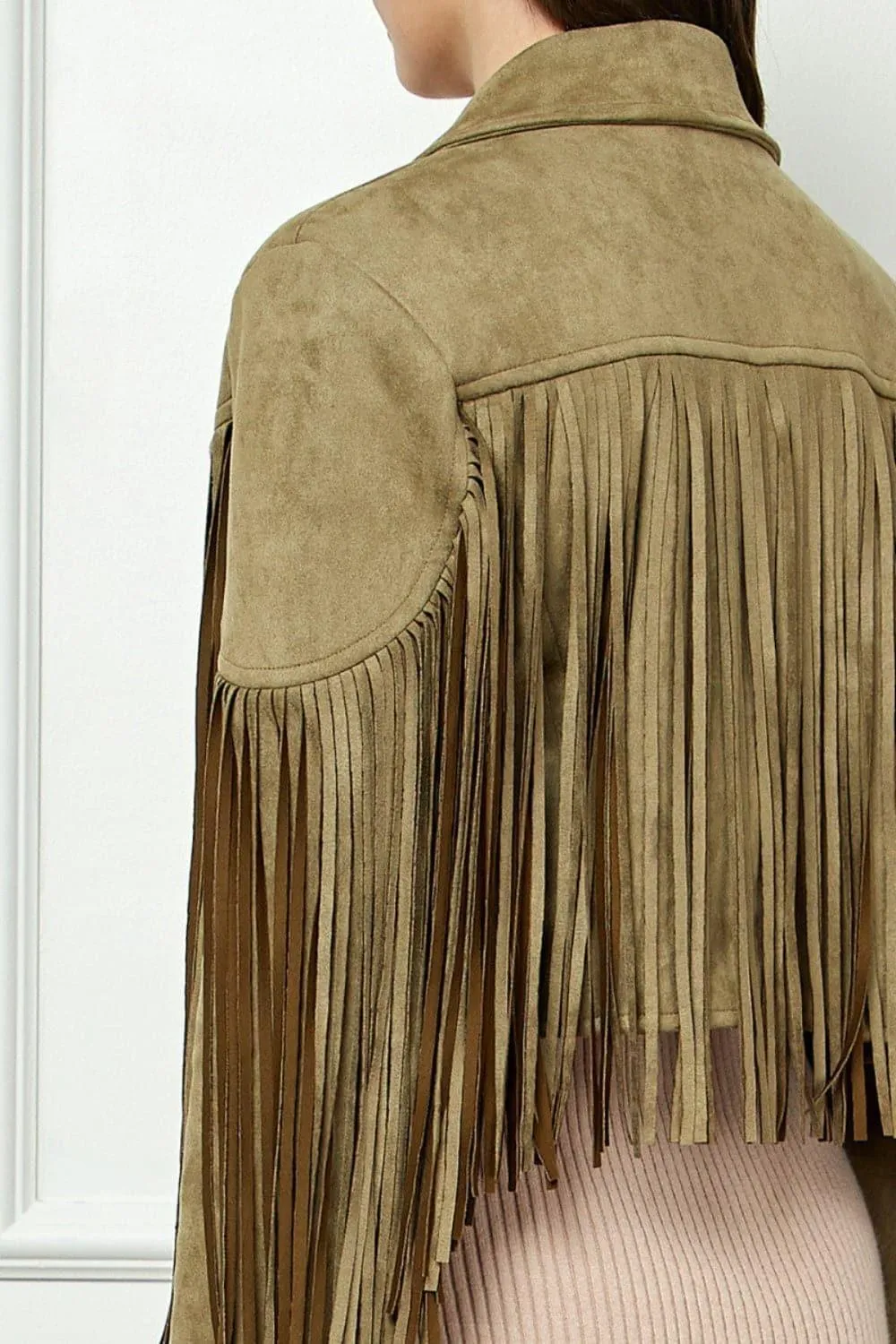 VEVERET Suede Fringe Long Sleeve Moto Jacket
