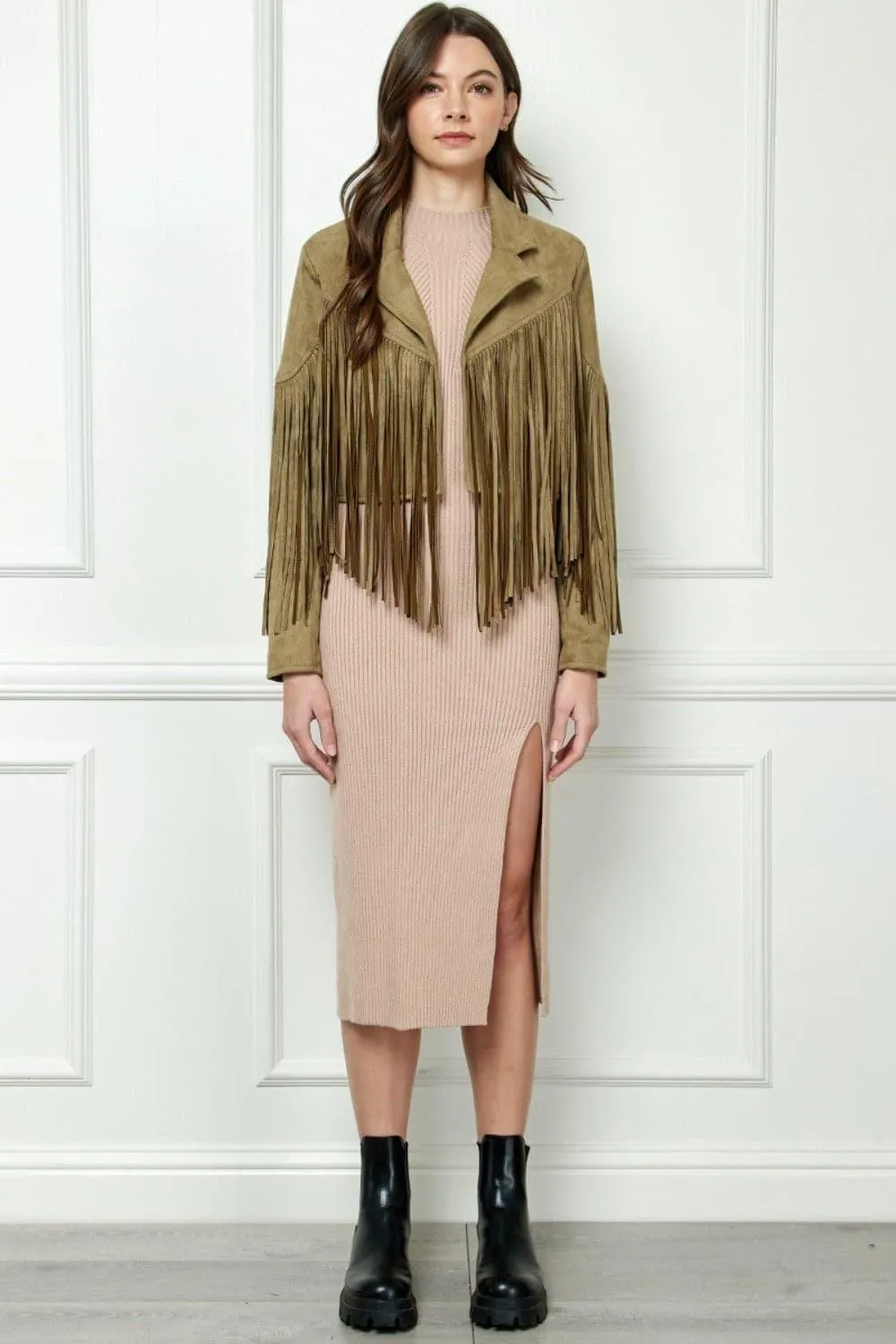 VEVERET Suede Fringe Long Sleeve Moto Jacket
