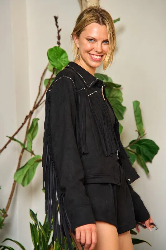 Western Chic Suede Fringe Jacket – Studded Plus Size Statement Piece