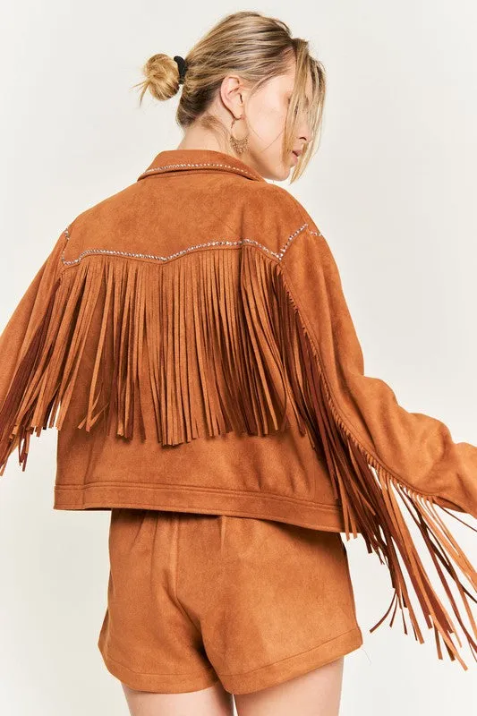 Western Chic Suede Fringe Jacket – Studded Plus Size Statement Piece