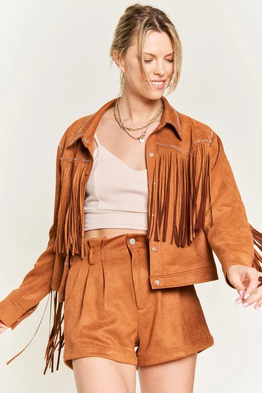 Western Chic Suede Fringe Jacket – Studded Plus Size Statement Piece