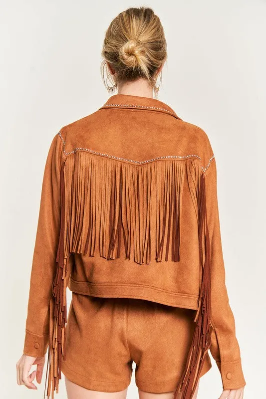 Western Chic Suede Fringe Jacket – Studded Plus Size Statement Piece