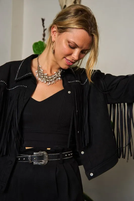 Western Chic Suede Fringe Jacket – Studded Plus Size Statement Piece
