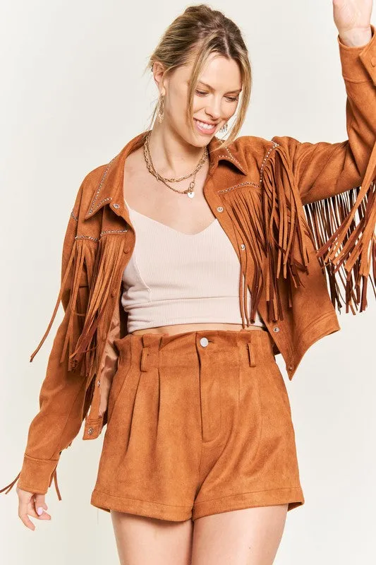 Western Chic Suede Fringe Jacket – Studded Plus Size Statement Piece