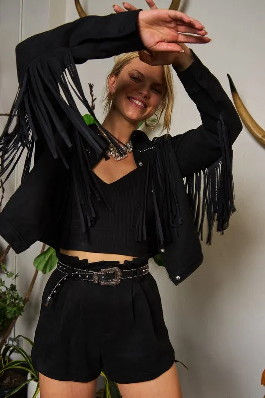 Western Chic Suede Fringe Jacket – Studded Plus Size Statement Piece