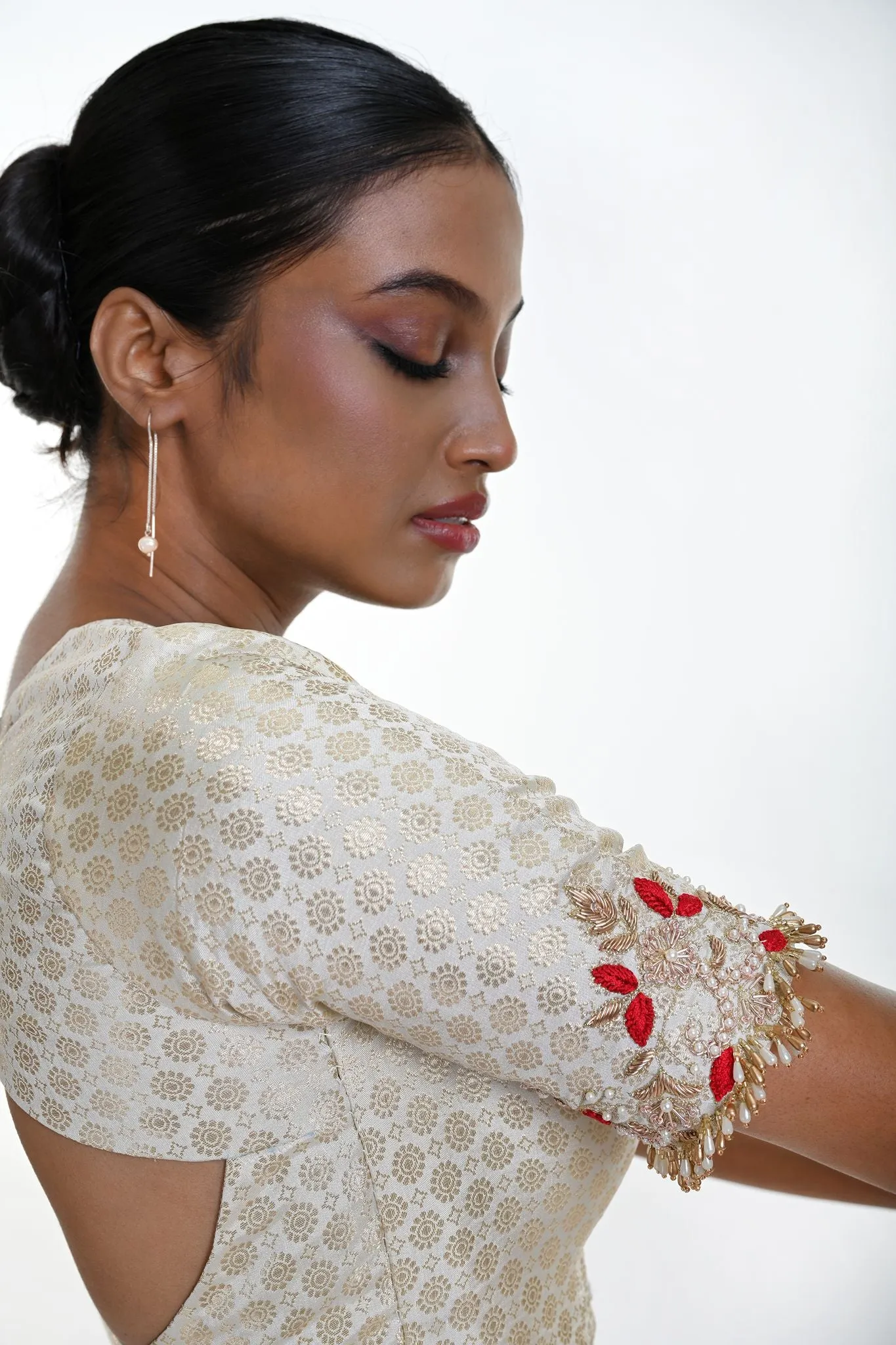 White Brocade Hand Embroidered Blouse With Queen Anne Neckline and Elbow Sleeve
