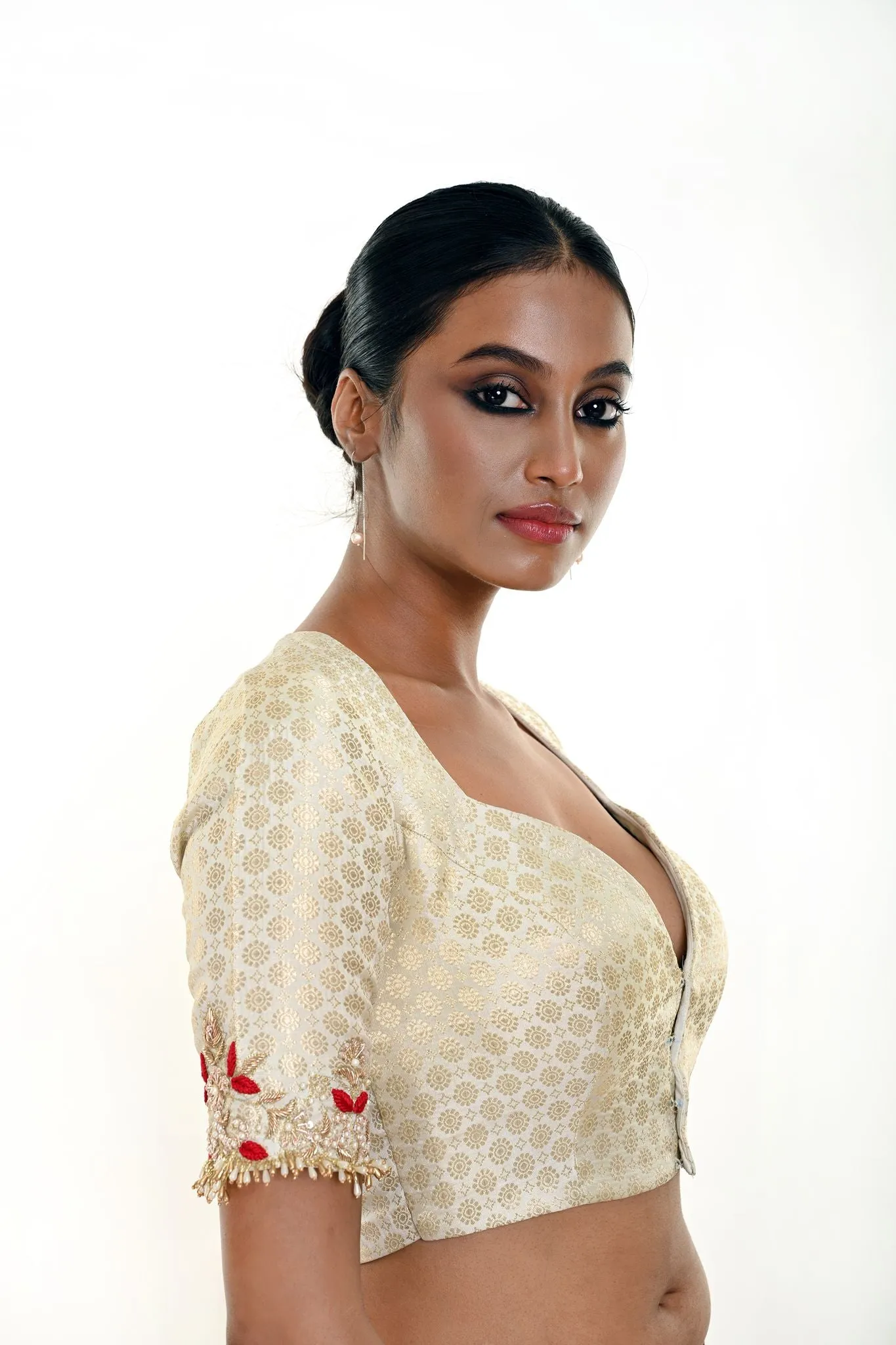 White Brocade Hand Embroidered Blouse With Queen Anne Neckline and Elbow Sleeve