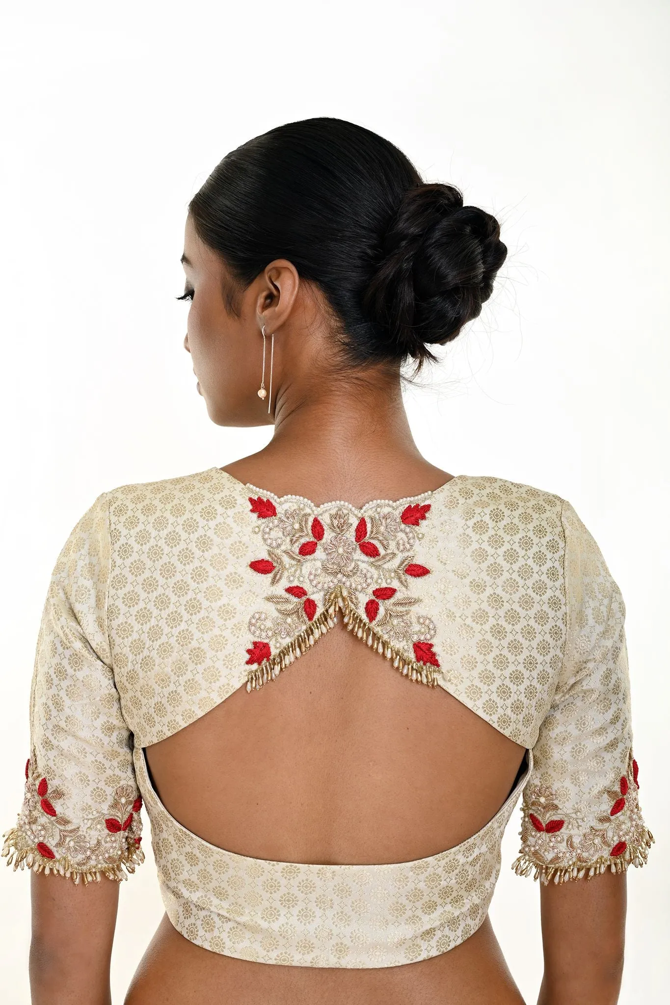 White Brocade Hand Embroidered Blouse With Queen Anne Neckline and Elbow Sleeve