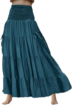 Women Ruffle Maxi Skirt 2025 Casual Boho Flowy Swing Tiered Flared A-Line Pleated Elastic Waist Midi Beach Dress,A005Blue,S