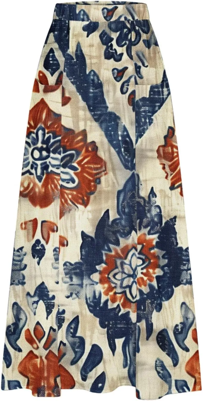 Womens 2025 Summer Boho Skirts Floral Print Midi Skirt with Pocket Plus Size Loose Flowy Beach Skirts