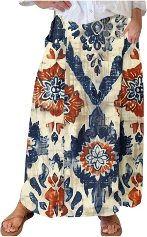 Womens 2025 Summer Boho Skirts Floral Print Midi Skirt with Pocket Plus Size Loose Flowy Beach Skirts