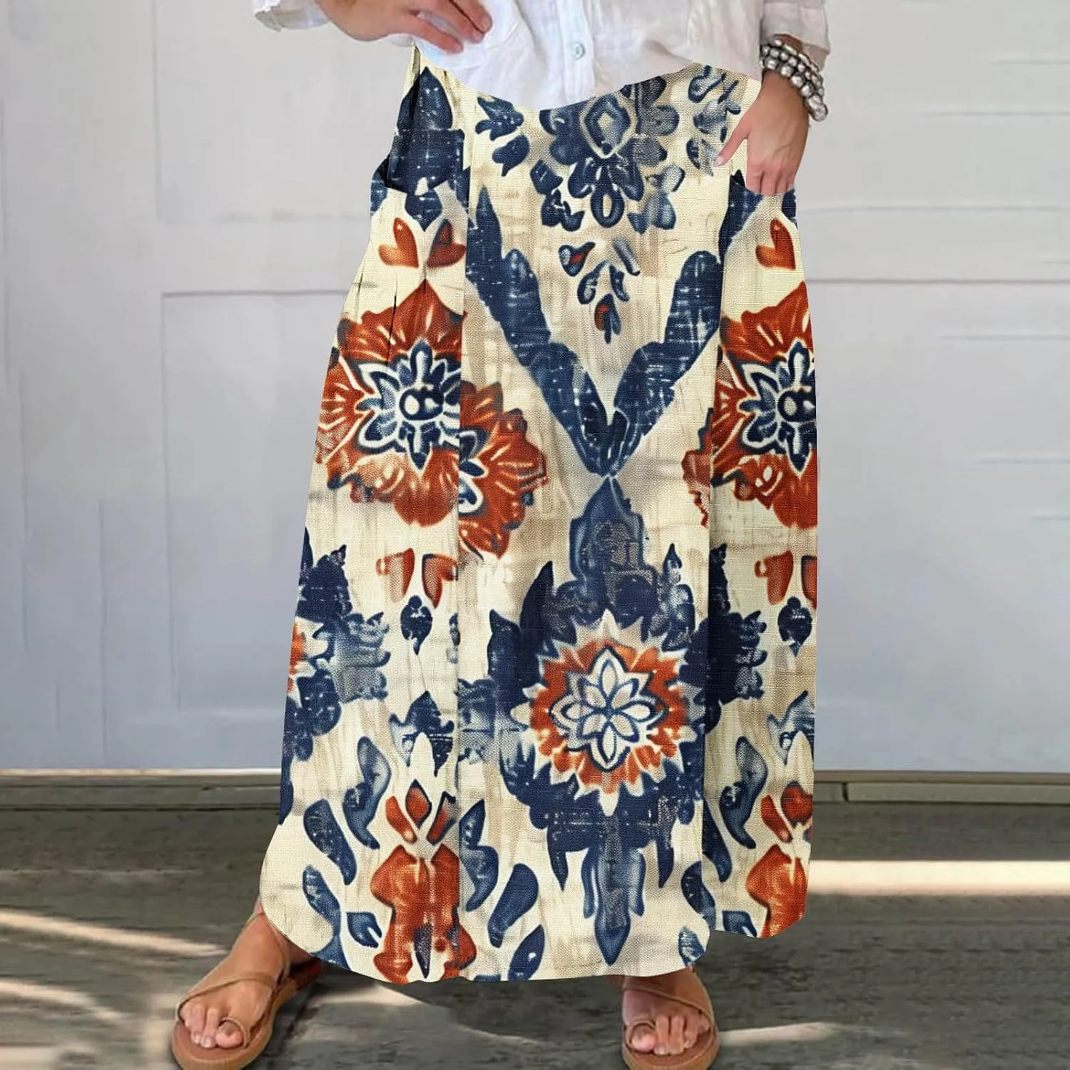 Womens 2025 Summer Boho Skirts Floral Print Midi Skirt with Pocket Plus Size Loose Flowy Beach Skirts