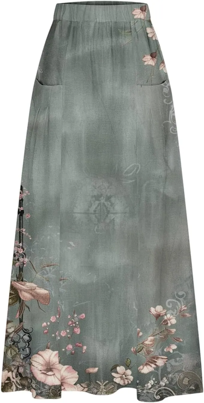 Womens 2025 Summer Boho Skirts Floral Print Midi Skirt with Pocket Plus Size Loose Flowy Beach Skirts